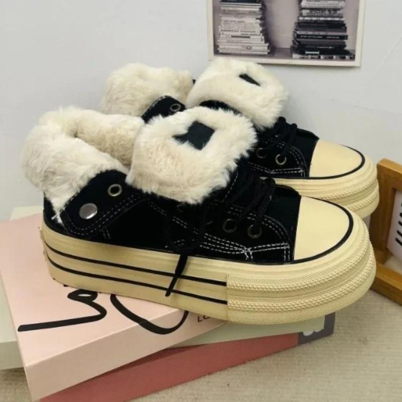 Women Shoes Winter Plush Warm Shoes Classic High Top Canvas Oes Winter Sneakers for Women Lace Up Platform Vulcanize Shoe