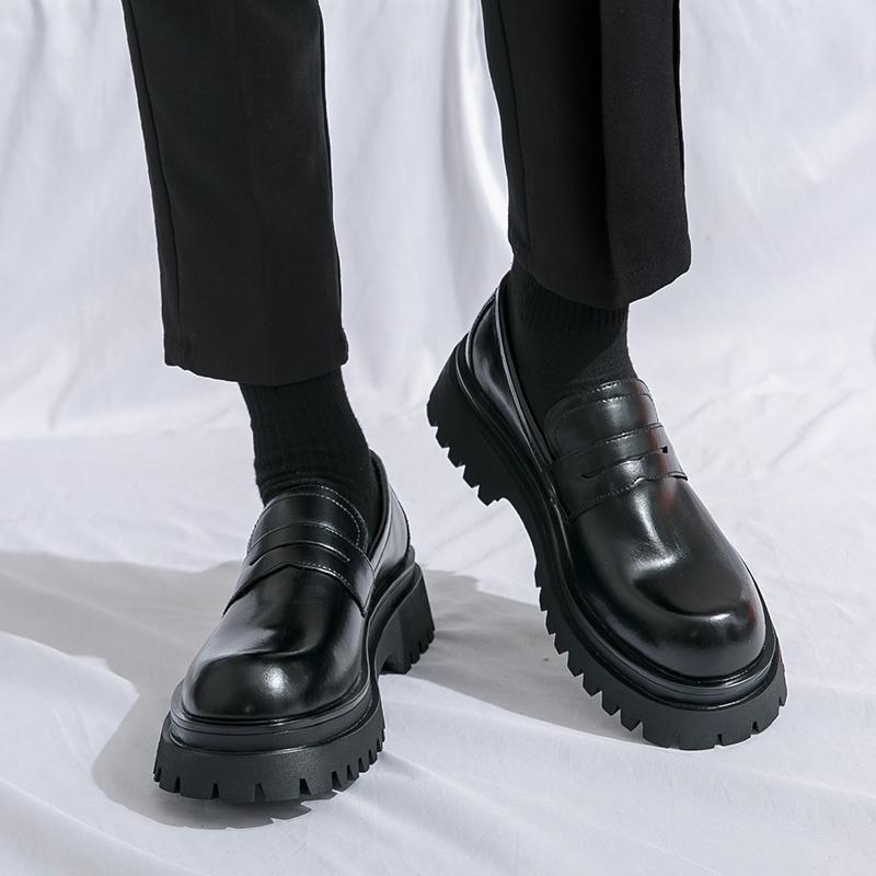 Spring Men's British Thick-Soled Leather Loafers: Trendy Casual Slip-On Shoes
