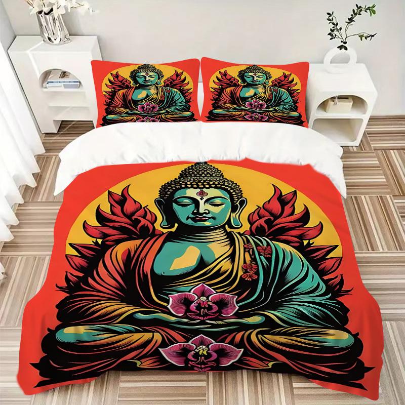 3pcs Buddha Lotus Bedding Set, Includes 1 Comforter + 2 Pillowcases, Without Pillow Inserts, Soft Comfortable, Lightweight Breathable, Print