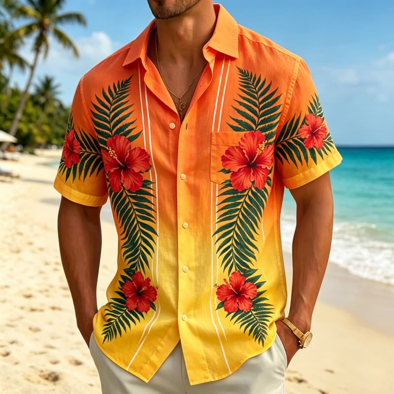 Gradient Tropical Flowers And Minimalist Printed Short Sleeved Shirt With pockets, For Summer Beach Vacations And Daily Travel