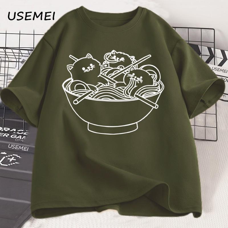 Japanese Style Cat Ramen T-Shirt Cotton Short Sleeve Kawaii Anime Tshirt Ramen Kitten Graphic Tees Cute Food Tee Shirt Clothes