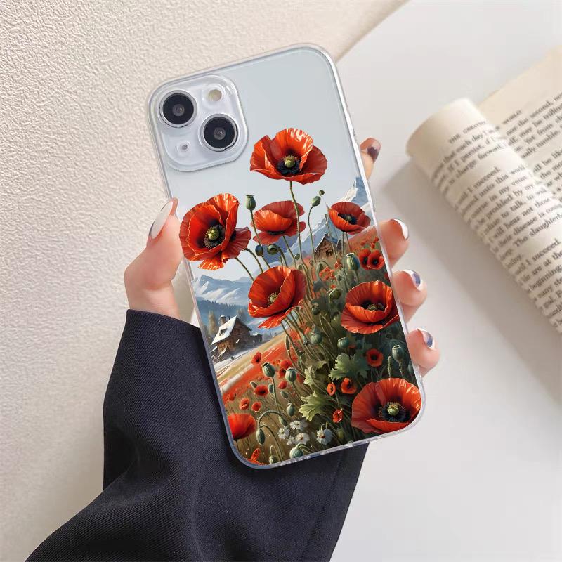 Poppy Flower Bloom Hot Red Clear Case For iPhone 15 11 14 Pro Max 12 13 Pro Max Mini XS X XR SE 2020 7 8 Plus Transparent Cover