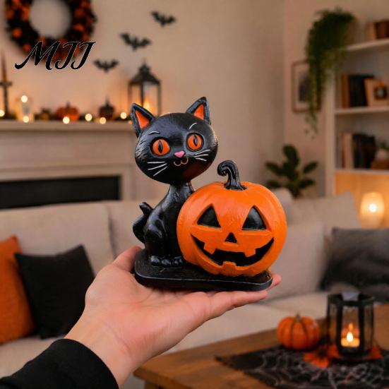 Unique Seasonal Home Ornaments Halloween Black Cat Pumpkin Skull Resin Statue, Cute Decoration for Exquisite Three Dimensional Crafts Indoor