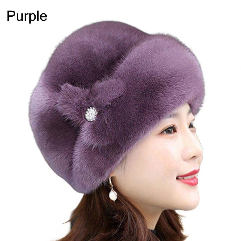 Solid Color Faux Rabbit Fur Winter Hat Thickened Keep Warm Middle-aged Cap Flower Decor Windproof Caps Autumn Winter