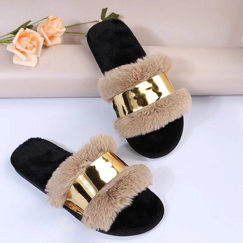 Fashion Women Fashion Slippers New Fashion Metal Flat Cotton Slippers Non Slip Warm Shoes Comfortable Home Slides Women Zapatos De Mujer
