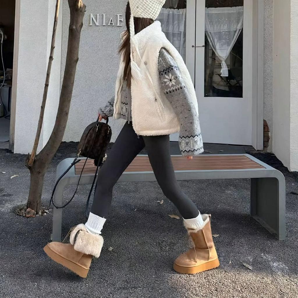 Two ways to wear sheepskin integrated snow boots 2025 autumn and winter new lace-up medium tube cotton boots women's leather flat boots