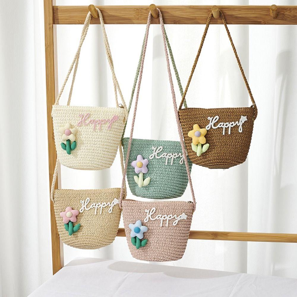 Flower Crossbody Bag Straw Mini Coin Purse Durable Straw Shoulder Bags  Kids Girls