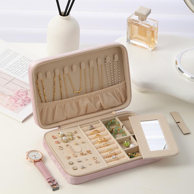 Velvet Jewelry Organizer With Mirror For Rings Necklaces And Earrings