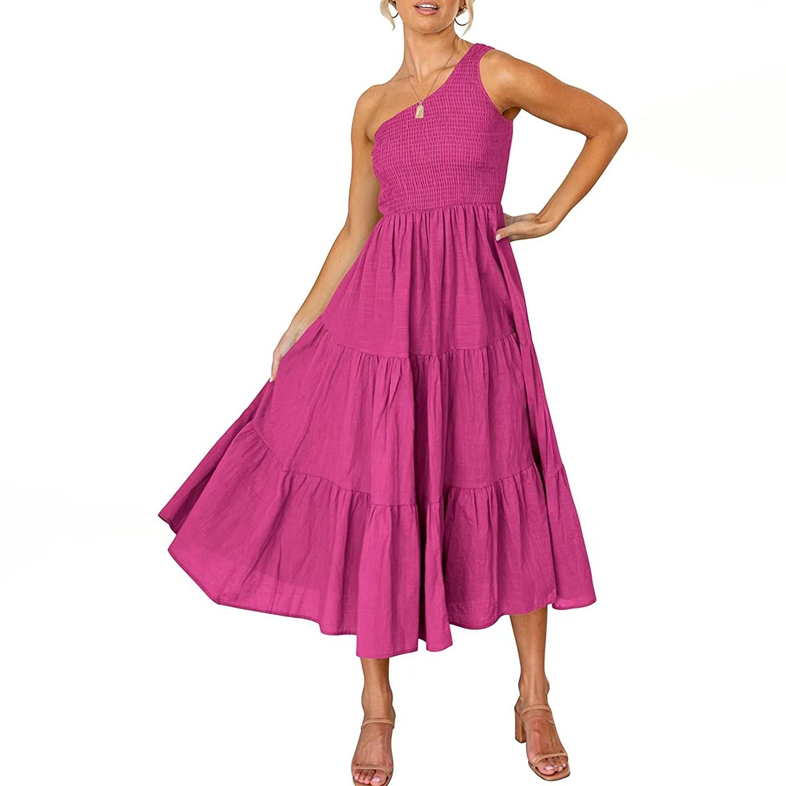 

Women s Fashion Casual One Shoulder Pleated Color Medium Length Dress S