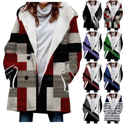 Women's Large Jacket With Warm And Plush Geometry Printed Hooded Button Jacket With Pockets