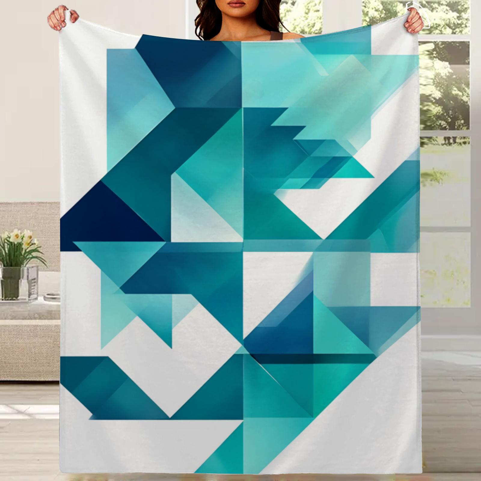 Luxury 280GSM Flannel Blanket - Turquoise Blue & White Modern Abstract Geometric Throw with Teal/Gray/Navy/Beige - All-Season So 75X95CM