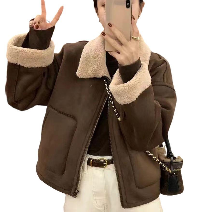 Women's European Shearling Lambswool Biker Jacket - High-End Turn-Down Collar, Autumn Winter Versatile Coat