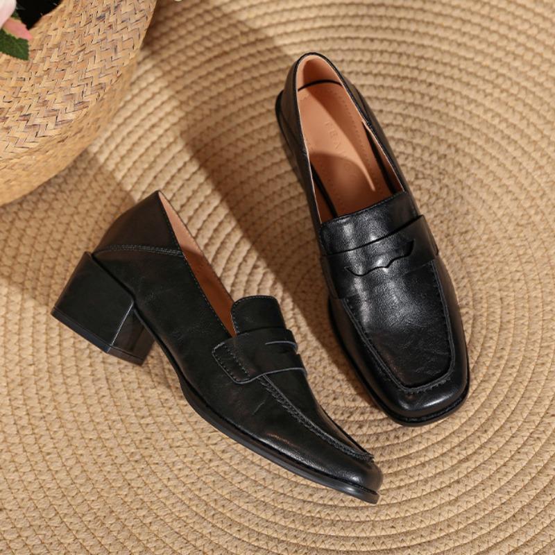 Retro Loafers Myke Skinn Hæler Toveissko Collegestil Små Skinnsko Slip-on Sko for Kvinner Tykke Hæler Høye Hæler