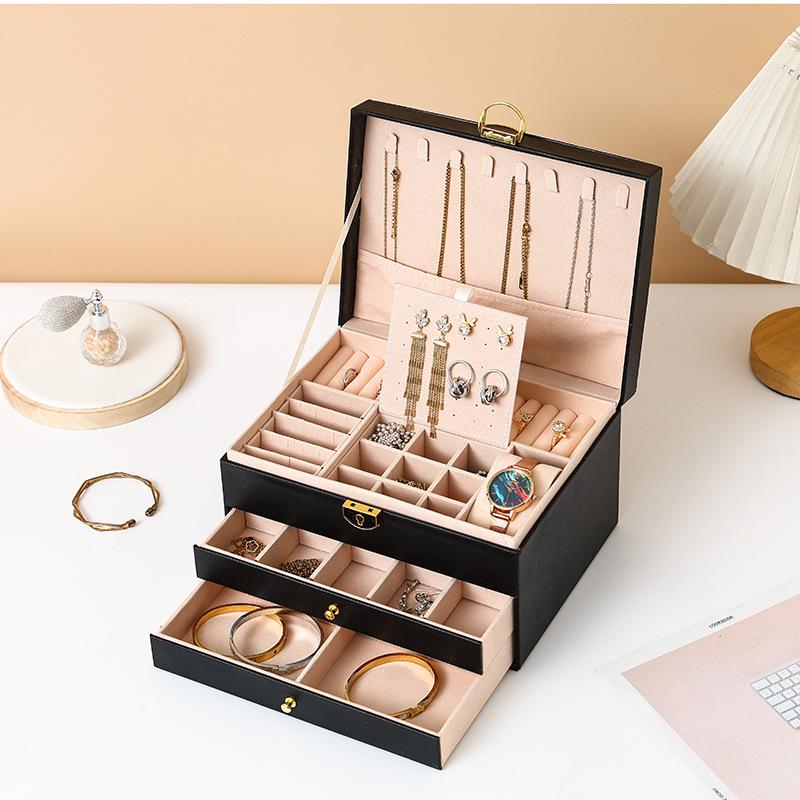 

Премиальный трехслойный органайзер для украшений с выдвижными ящиками для ожерелий, серег, аксессуаров и золота - Хранение большой вместимости
