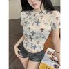 Small shirt thin girl Spice girl T-shirt summer print short sleeve foreign style slim short top fashion mesh cross