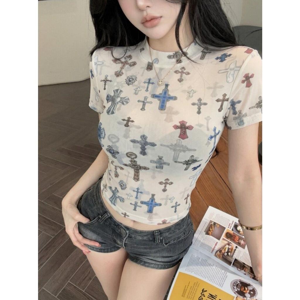 Small shirt thin girl Spice girl T-shirt summer print short sleeve foreign style slim short top fashion mesh cross