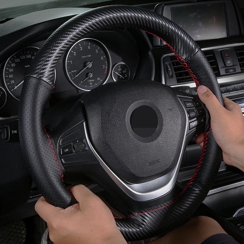 Carbon Fiber Genuine Leather Universal 38cm Handmade Braided Steering Wrap With Needle and Thread Auto Interior
