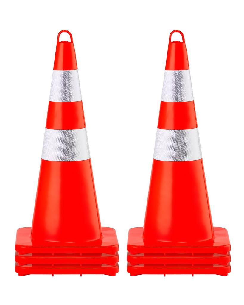 Safety Cones, 6 X 28\" Traffic Cones, PVC Orange Construction Cones, 2 Reflective Collars Traffic Cones with Weighted Base and Hand-Held Ring Used for