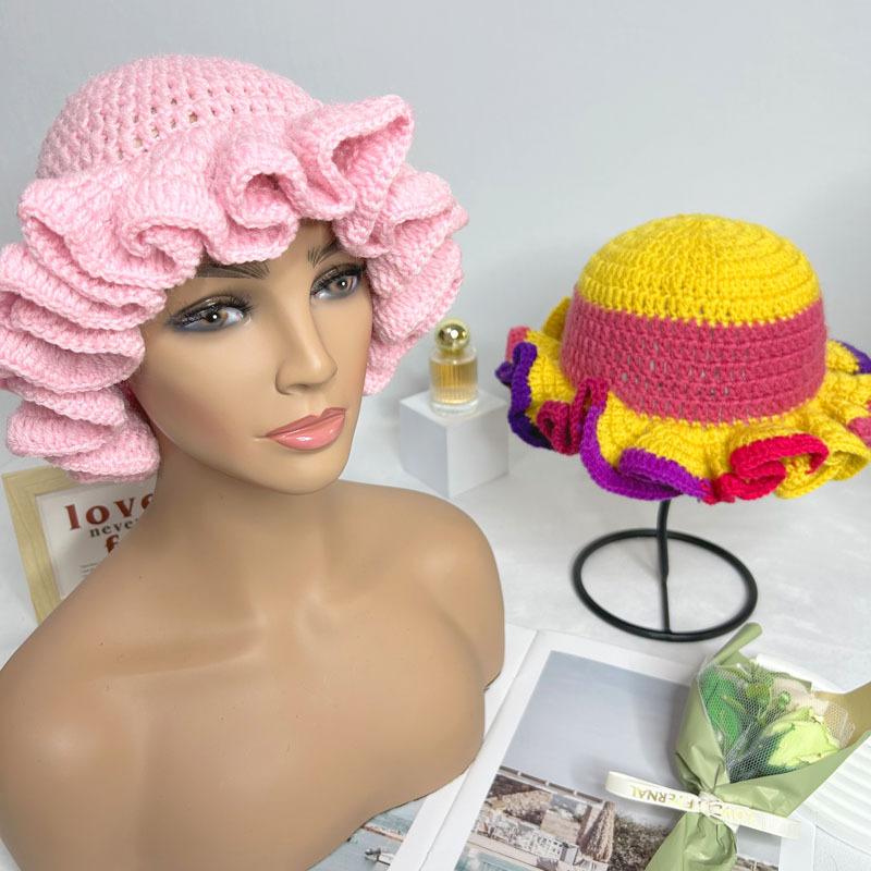 Handmade Crochet Conical Bucket Hat - Ruffled Brim Fisherman Hat for Women, Stylish Sun Protection Cap