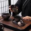 Imitation Wood-Fired Gaiwan Tea Set: Retro Old Rock Mud Three-Piece Kung Fu Tea Cup and Bowl with Free Shipping
