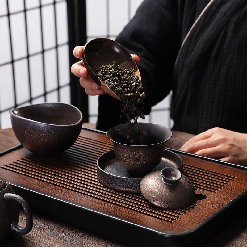 Imitation Wood-Fired Gaiwan Tea Set: Retro Old Rock Mud Three-Piece Kung Fu Tea Cup and Bowl with Free Shipping