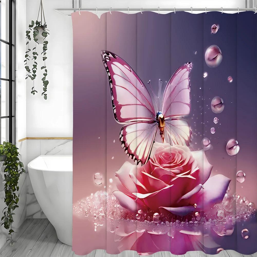 Butterfly Rose Shower Curtain, Bathroom Decorative Shower Curtain, Waterproof Shower Curtain with Hooks