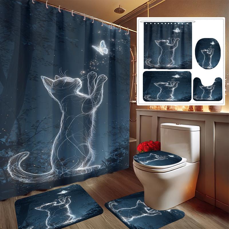 

4pcs Starry Night Chasing Butterfly Dream Print Shower Curtain Set, Decorative Bathroom Set Includes Shower Curtain, Non-Slip 90x180cm
