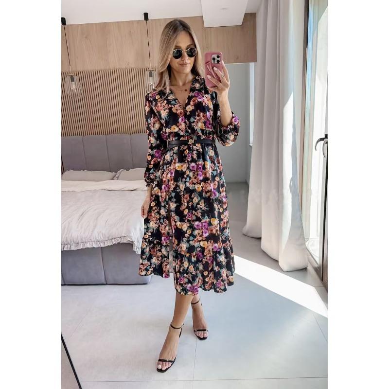 

Женские осенние и зимние новые V-образные вырезы с мелкими сломанными цветами сексуальные длинные платья XXXL фиолетовый