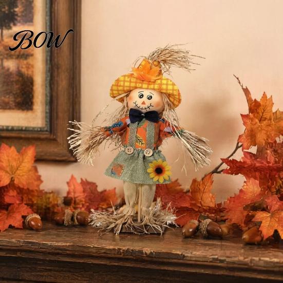 Rustic Farmhouse Yard Display Standing Fall Scarecrow Decoration, Halloween Thanksgiving Ornament Durable Garden Figure with Clothes Hat for