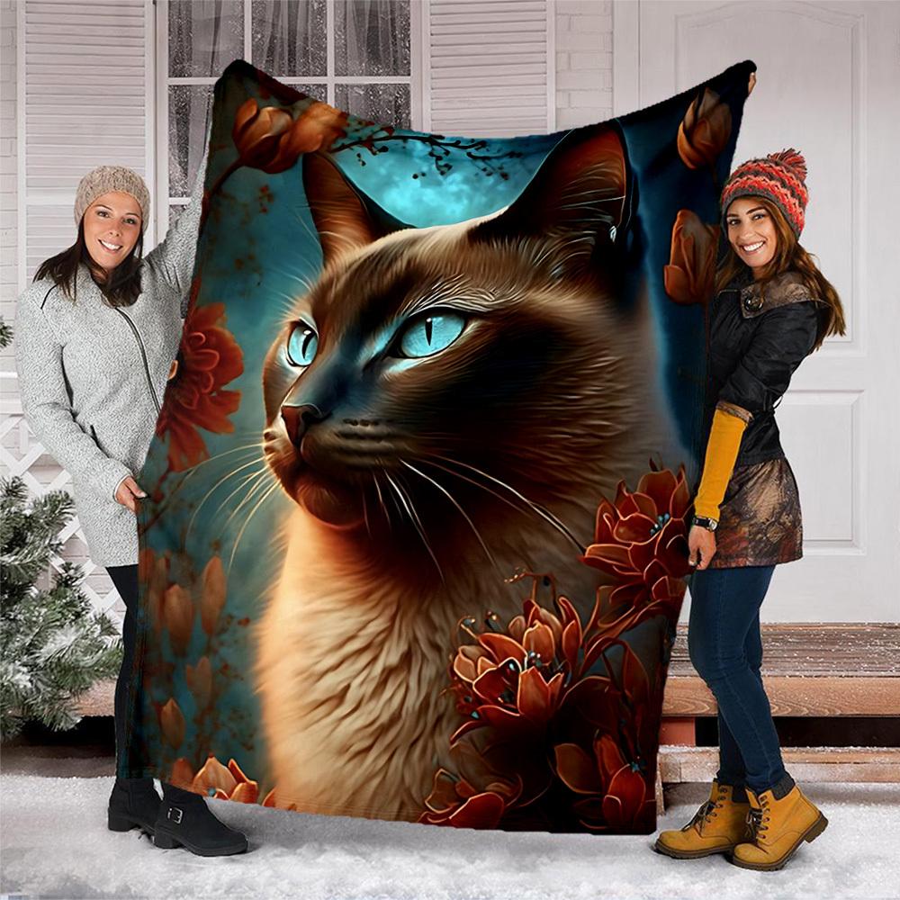 1pc Cat Flowers Outdoor Flannel Blanket Soft All Season Polyester Throw , Perfect for Picnics & Travel , Picnic Accessory