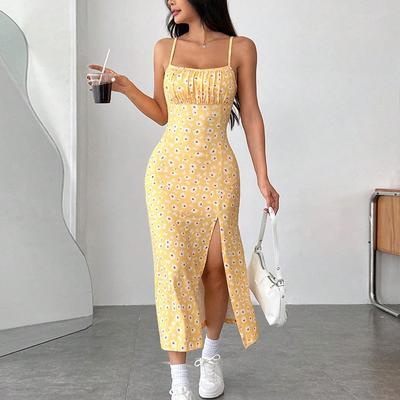 Sommer neu Damen Maxikleid mit Seitenschlitz y2k Mode Blumendruck Bodycon Kleid ärmellos süß A-Linie sexy gelbe Trägerkleider