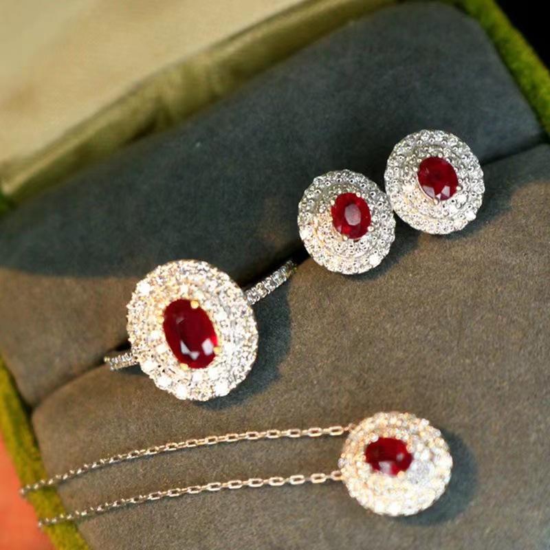 Elegant Pigeon Blood Red Gem Jewelry Set: Earrings & Necklace - Versatile Women s Collarbone Chain