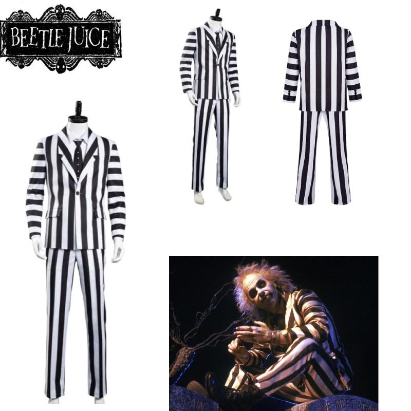 Costume Cosplay Beetlejuice Black And White Striped Suit Halloween Party Prop