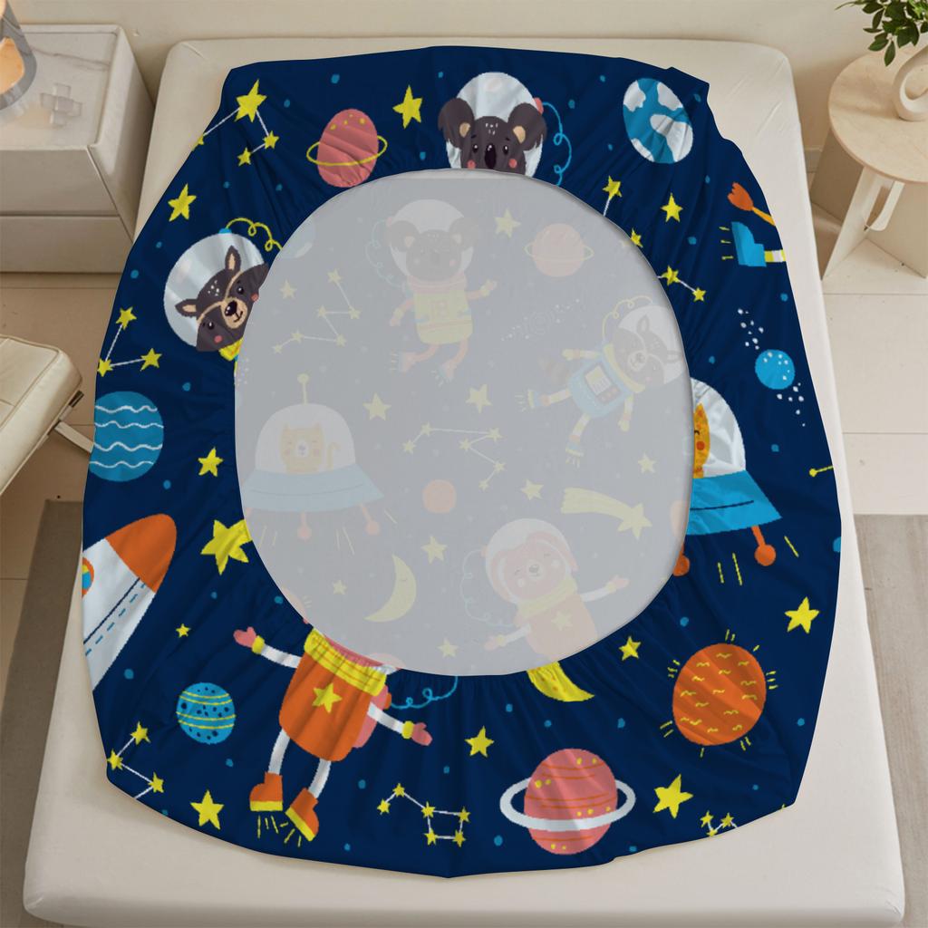 3pcs Playful Fitted Sheet Set For Kids Boys Cartoon Style Space Animals Rockets Planets Stars Printed 100% Polyester Bed Sheet