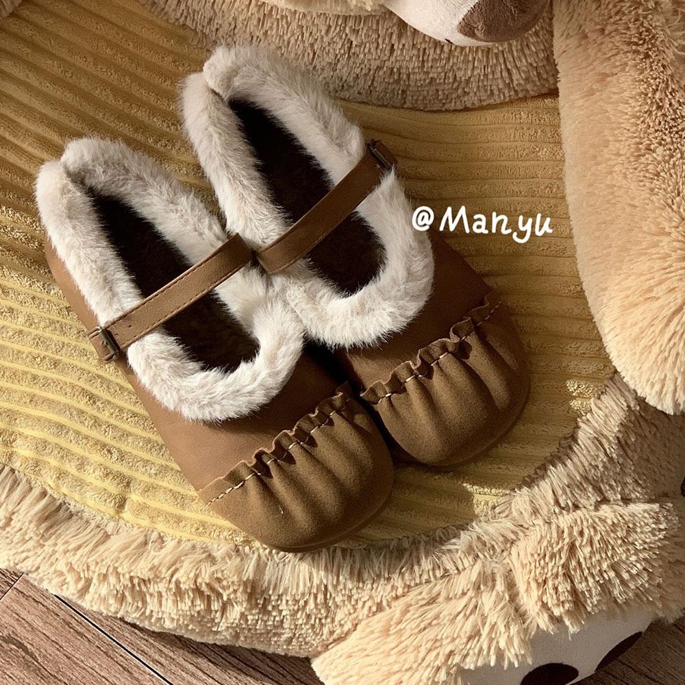 Soft leather version French fluffy shoes ladylike autumn and winter flats Mary Jane shows small temperament versatile single shoes 40 5393₽