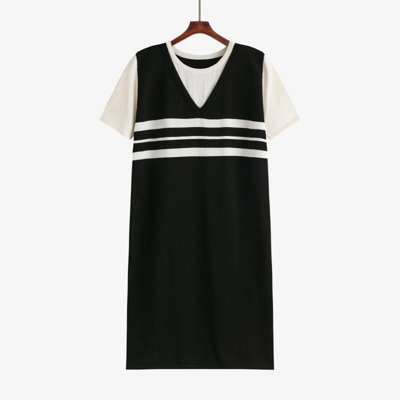 Kadın Sahte İki Parça V Yaka Tişört Elbise Kadın Düz Yazlık Kısa Kollu Örgü Elbise