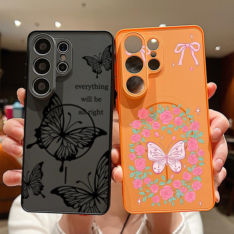 Coque à Motif Fleurs Papillons Pour Samsung Galaxy S26 Ultra S25 Edge S24 Plus S23 FE S22 A17 A54 A55 A56 A57 5G Magnétique Pour Magsafe Housse Mate