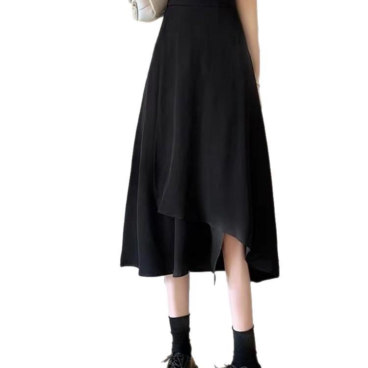 Black A-Line High Waist Plus Size Mid-Length Skirt for Women - Spring/Autumn Casual Irregular Umbrella Design