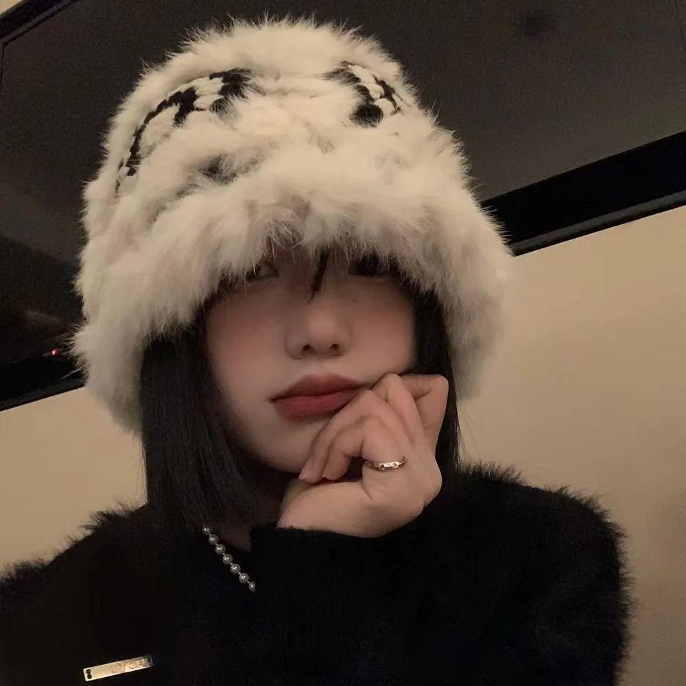 Rabbit Hair Bucket Hat Plush Female Hats Simple Winter Knitted Hat  Skiing