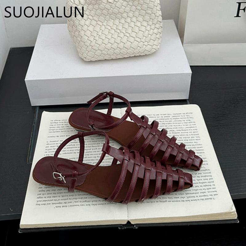 Fashion SUOJIALUN 2025 Summer New Brand Women Sandal Shoes Fashion Narrow Band Ladies Ankle Starp Slingback Shoes Soft Flat Heel Slides