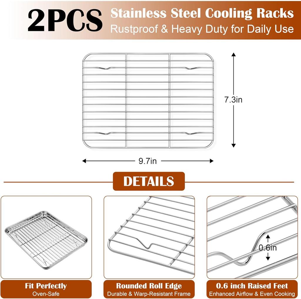 Baking Sheet with Wire Rack Stainless Steel Cookie Sheets Trays & Cooling Rack for Toaster Oven,