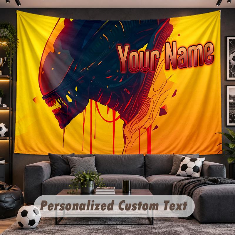 Alien Xenomorph Personalized Tapestry Support Custom Name, Wall Art Home Decoration
