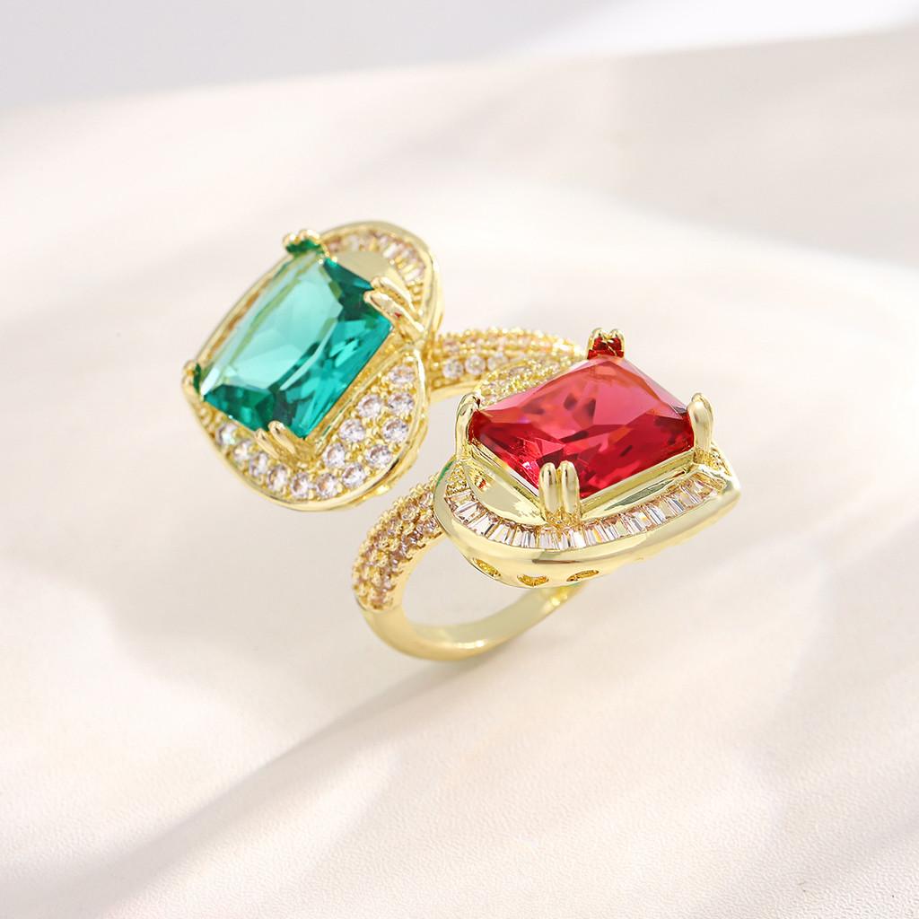 Copper Zircon Flower Open Ring For Women With Adjustable Size And Christmas Holiday Style