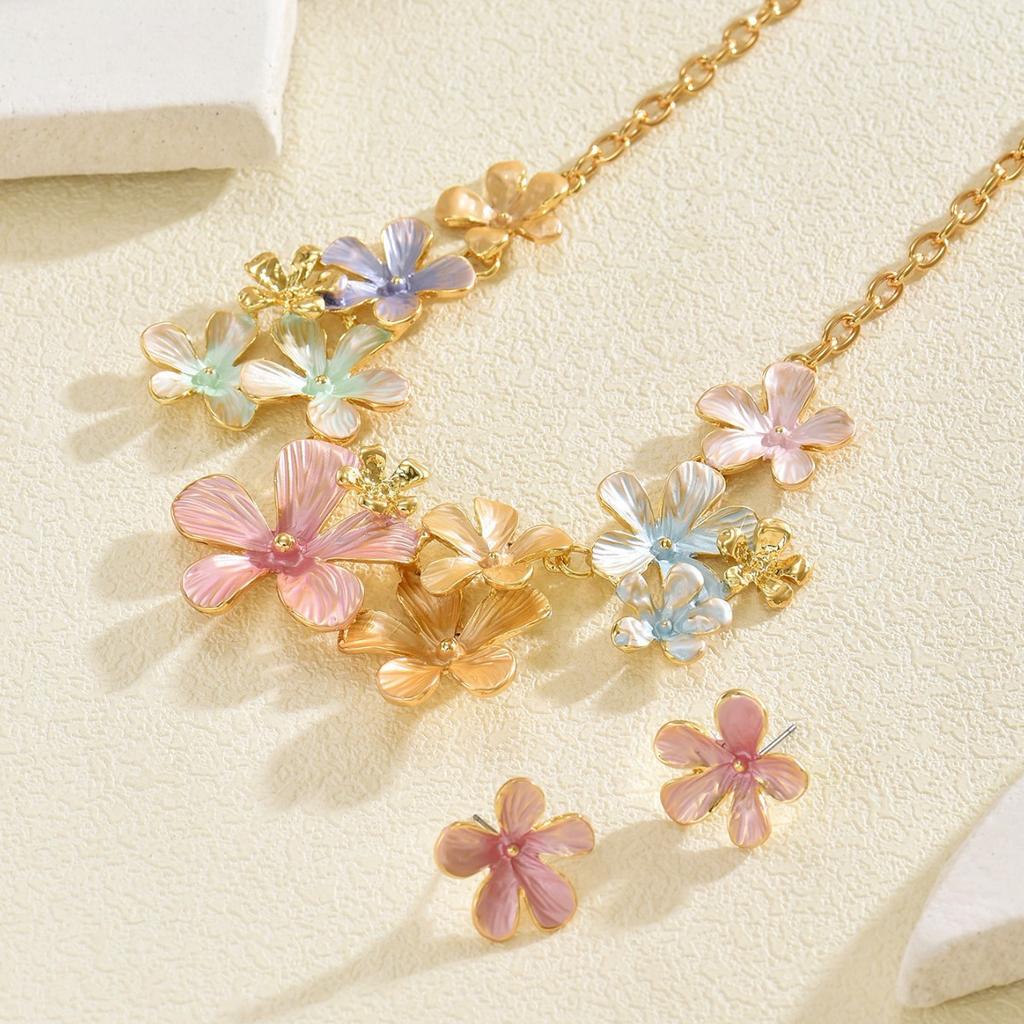 European and American Style Jewelry New Dopamine Flower Drip Oil Design Earrings Versatile Long Necklace Jewelry Set