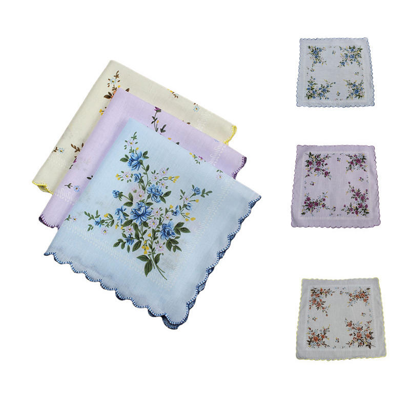 3pcs Small Floral Women's Handkerchiefs Crescent Edge Girl Printed Cotton White Background Refreshing Ladies Handkerchiefs