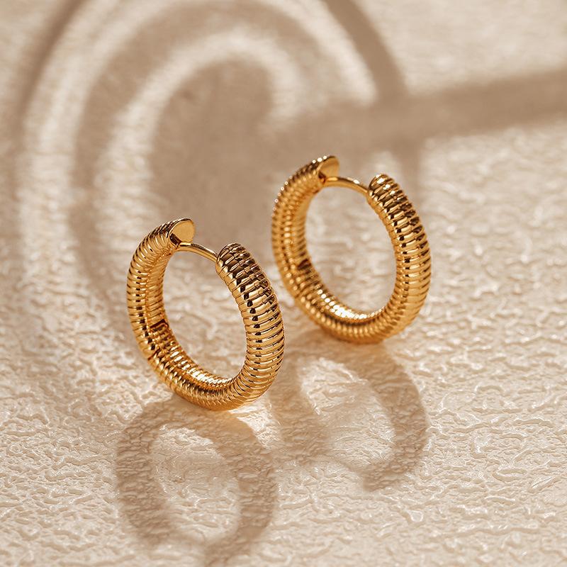 Brass 18k Gold Plated French Ribbed Plain Hoop Earrings Retro Minimalist Niche Jewelry