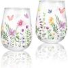 Whaline 2Pcs Spring Stemless Wine Glasses 17oz Watercolor Floral Butterfly Drinking Glasses Wild Flower Tumbler Cups for Party Supplies Gifts