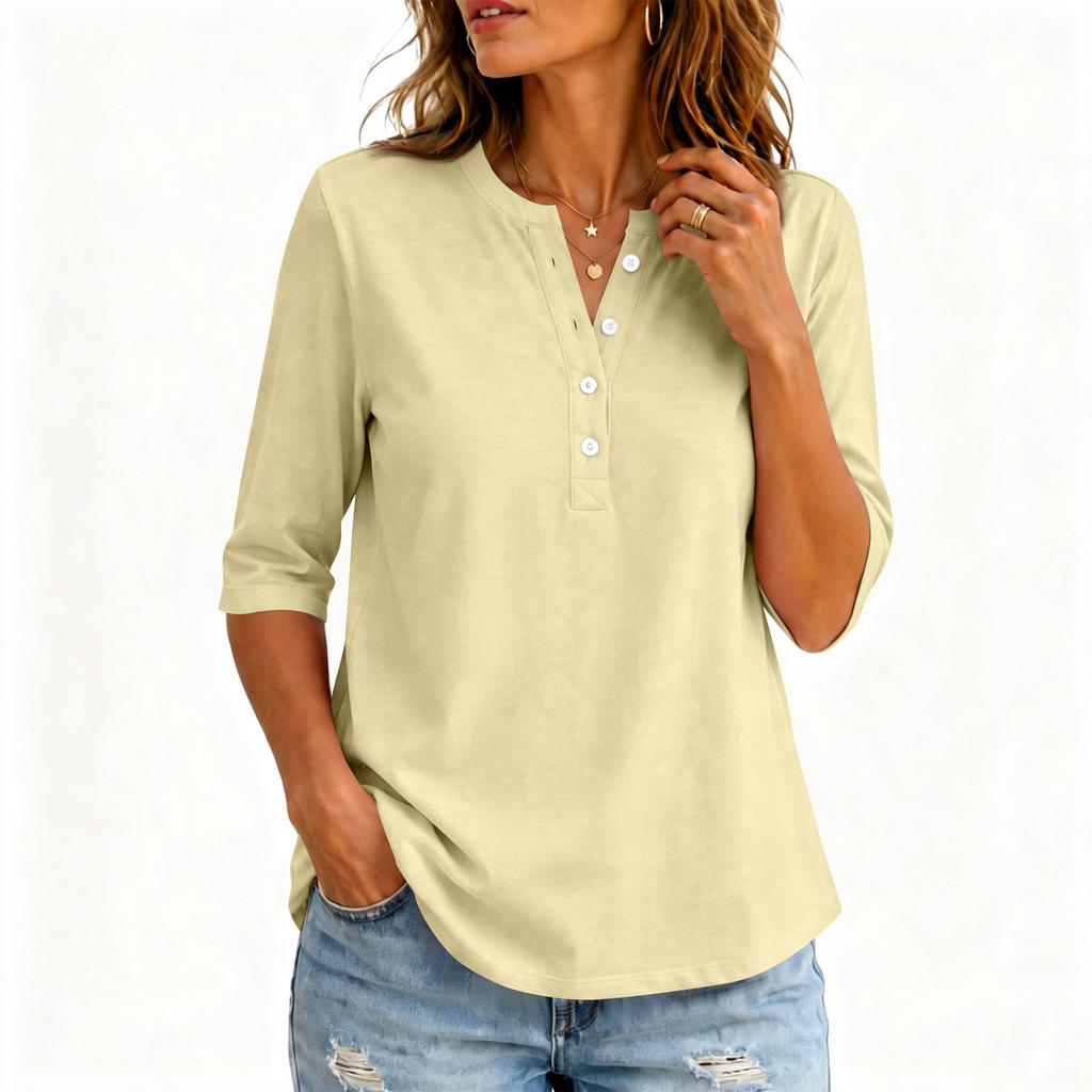 Women's Casual Color V-Neck Three-Quarter Sleeve Button T-Shirt Top