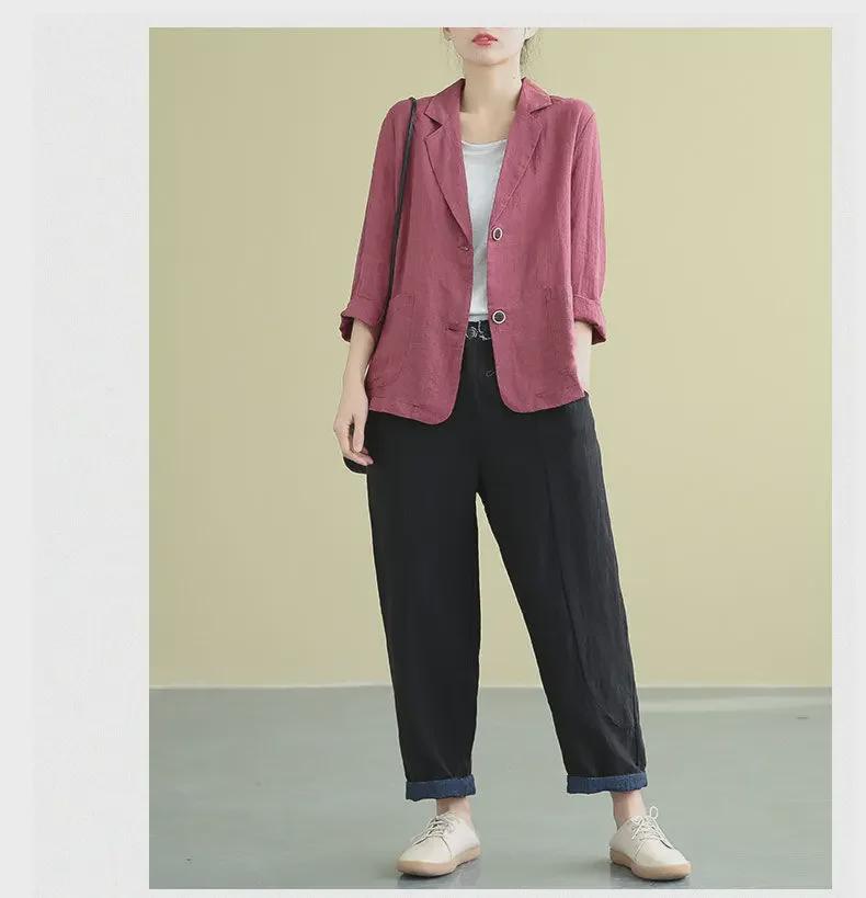 Stylowa kurtka z bawełny i lnu: Luźny damski garnitur na wiosnę/lato, z długim rękawem, w literackim stylu, z ochroną przeciwsłoneczną.