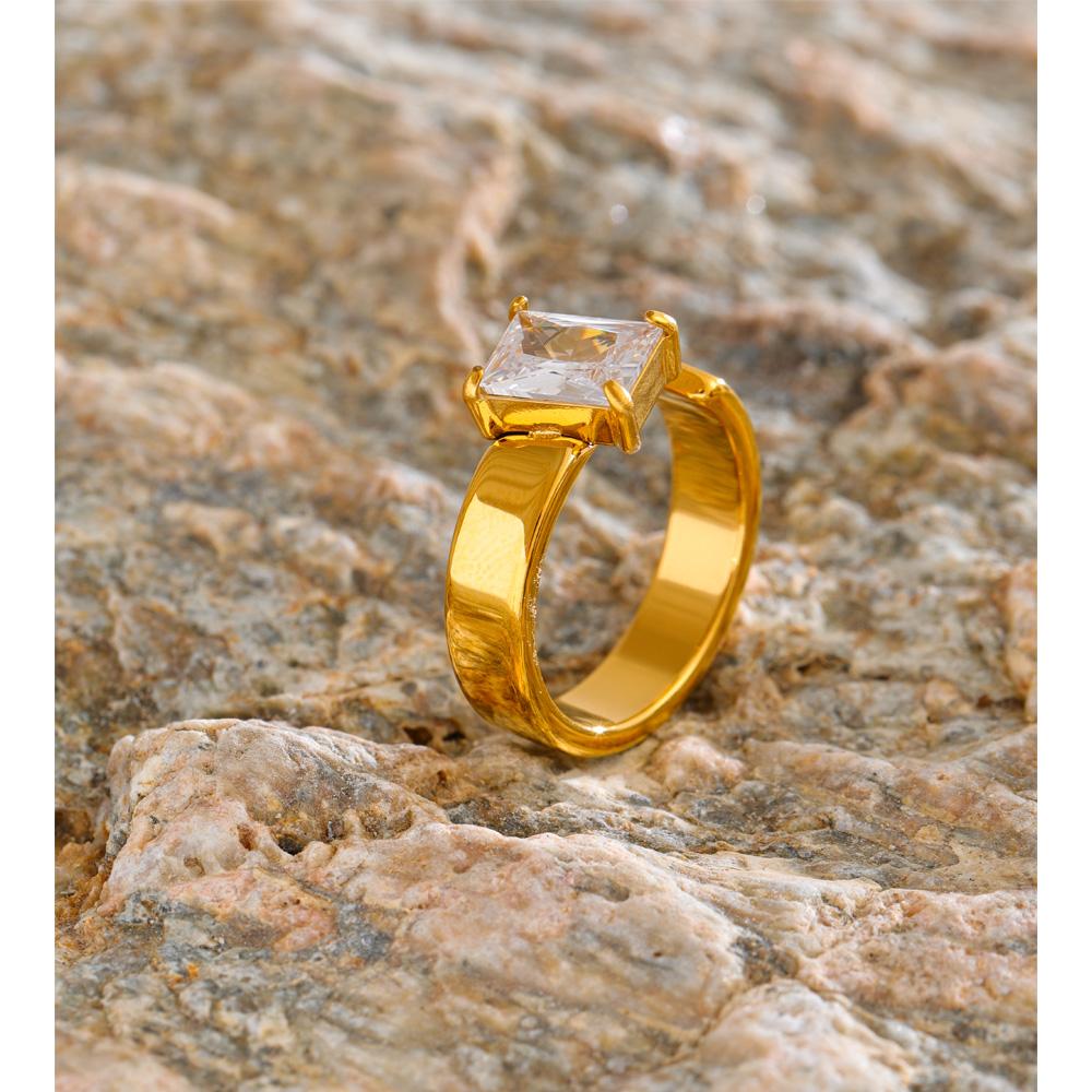 Yhpup Size 7 Glossy Stainless Steel Cubic Zirconia Golden Ring 18K PVD Plated Texture Metal High Quality Finger Jewelry Gift